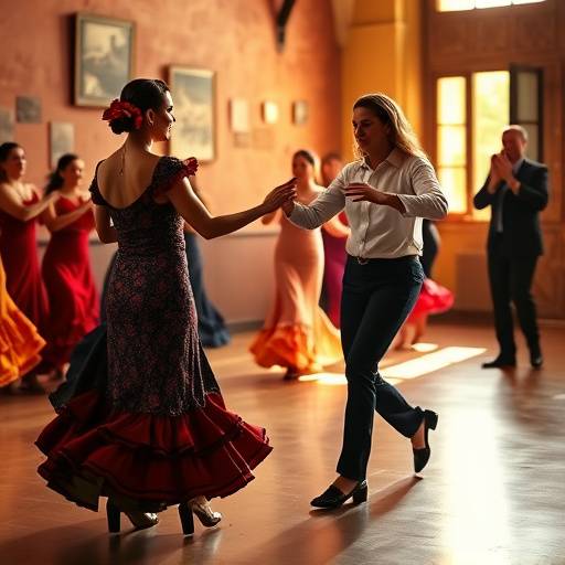 Clase de baile flamenco en Sevilla con una instructora mostrando los pasos.