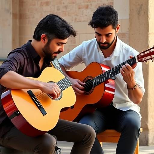 Estudiante aprendiendo a tocar la guitarra flamenca con un instructor en Sevilla