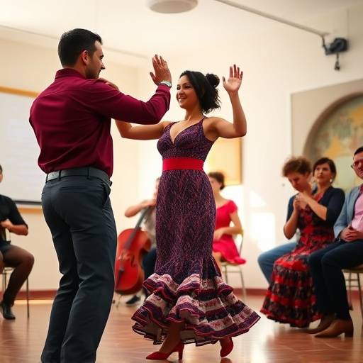 Instructora de baile flamenco demostrando los pasos en una clase en Sevilla
