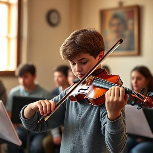 Joven estudiante tocando el violín durante una clase de müsica en Sevilla