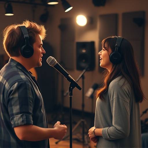 Profesor de canto guiando a un estudiante durante una lección de canto en un estudio de müsica.