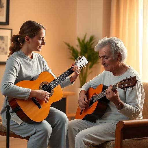 Sesión de terapia musical con un terapeuta utilizando instrumentos musicales