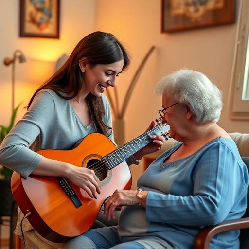 Terapeuta musical interactuando con un paciente durante una sesión de terapia musical en Sevilla