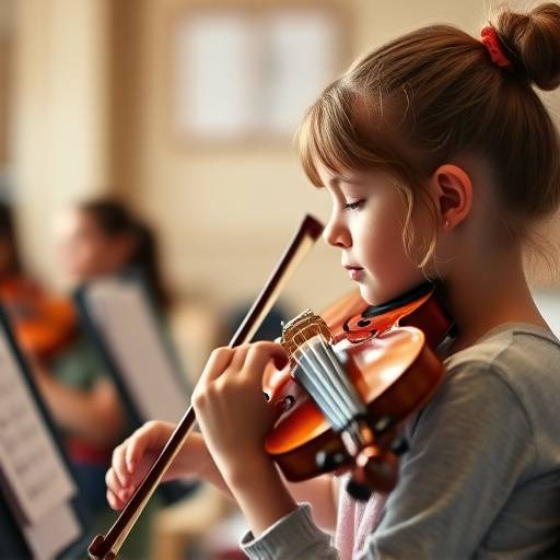 Una joven aprendiendo a tocar el violín en una clase de müsica